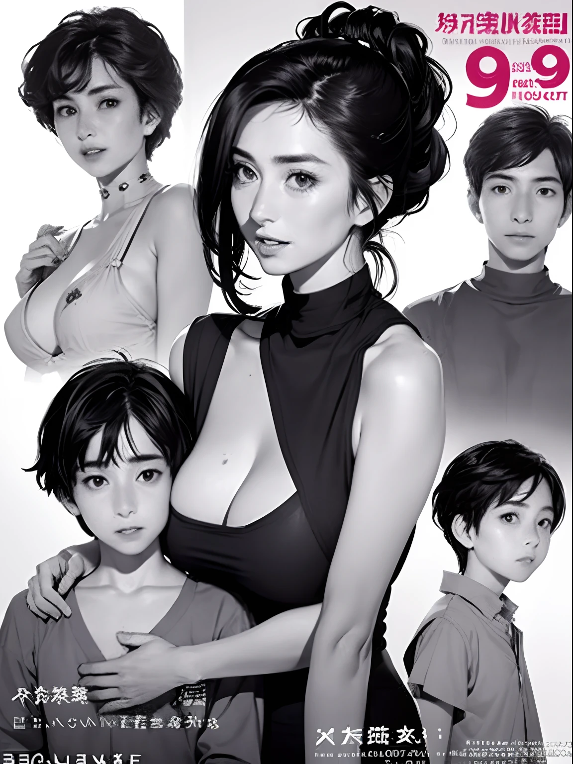 (Colorful adult magazine cover with lots of text),(close-up:1.2),pajamas, 1girl in,Grab by hand,(Mother and son:1.5),(kiss:1.2),(9 boy:1.4),(hug),(1boys:1.6),{26-year-old lactating woman},Drunken eyes,Side chest,breasts open,disproportionate-breasted, Standing up,Sweat,((Sleeveless,Sensual low neck , Open neckline:1.3)),{hair-bun,female hairstyles}, (Areola:1.4),Ultra-fine face, Detailed eye, 二重まぶた,ssmile,pervert