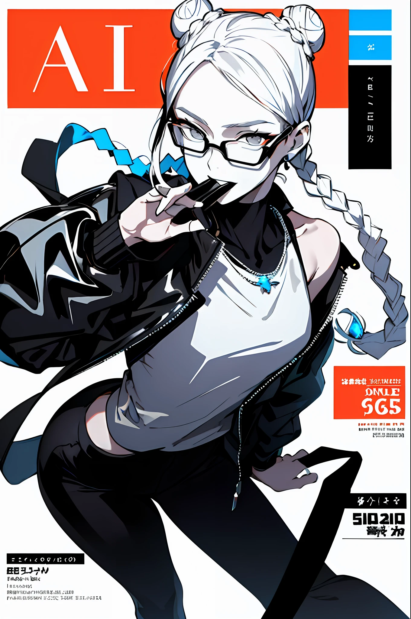 (magazine cover:1.3),ulzzang-6500, (realistic: 1.3) (original: 1.2), masterpiece, best quality, beautiful clean face, fullbody, 1woman, (wearing black and white and cobalt scifi techmask and headphones with complex electronics), wearing black techwear jacket and orange trousers with buckle and tape, (crystal necklace), posing for a picture, (white braided bun hair), glasses