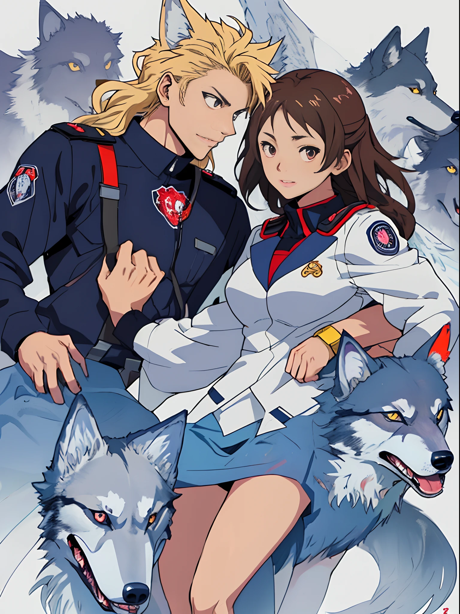 Personagem feminina, estilo anime, boku no hero, morena, wolf hybrid,e demonio, com asas de anjo, peituda, com o uniforme da U. A