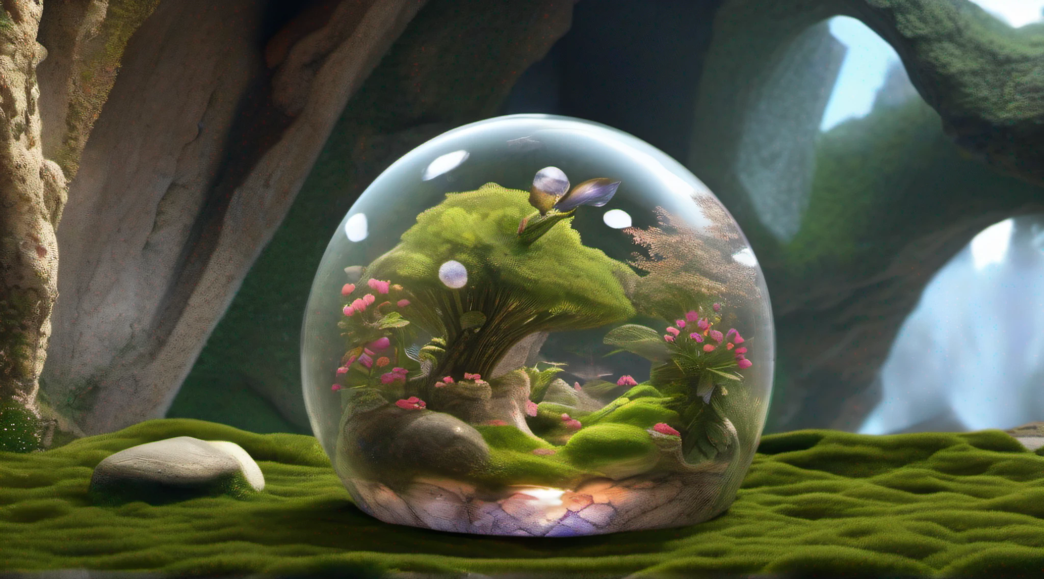 Glass sphere containing inside an alien biome of exotic flowers, The sphere is perched on moss lawn inside a cave with walls studded with gleaming minerals, detalhes intrincados, arte fantasia, arte de Clemilton Barbosa, arte premiada, 8k