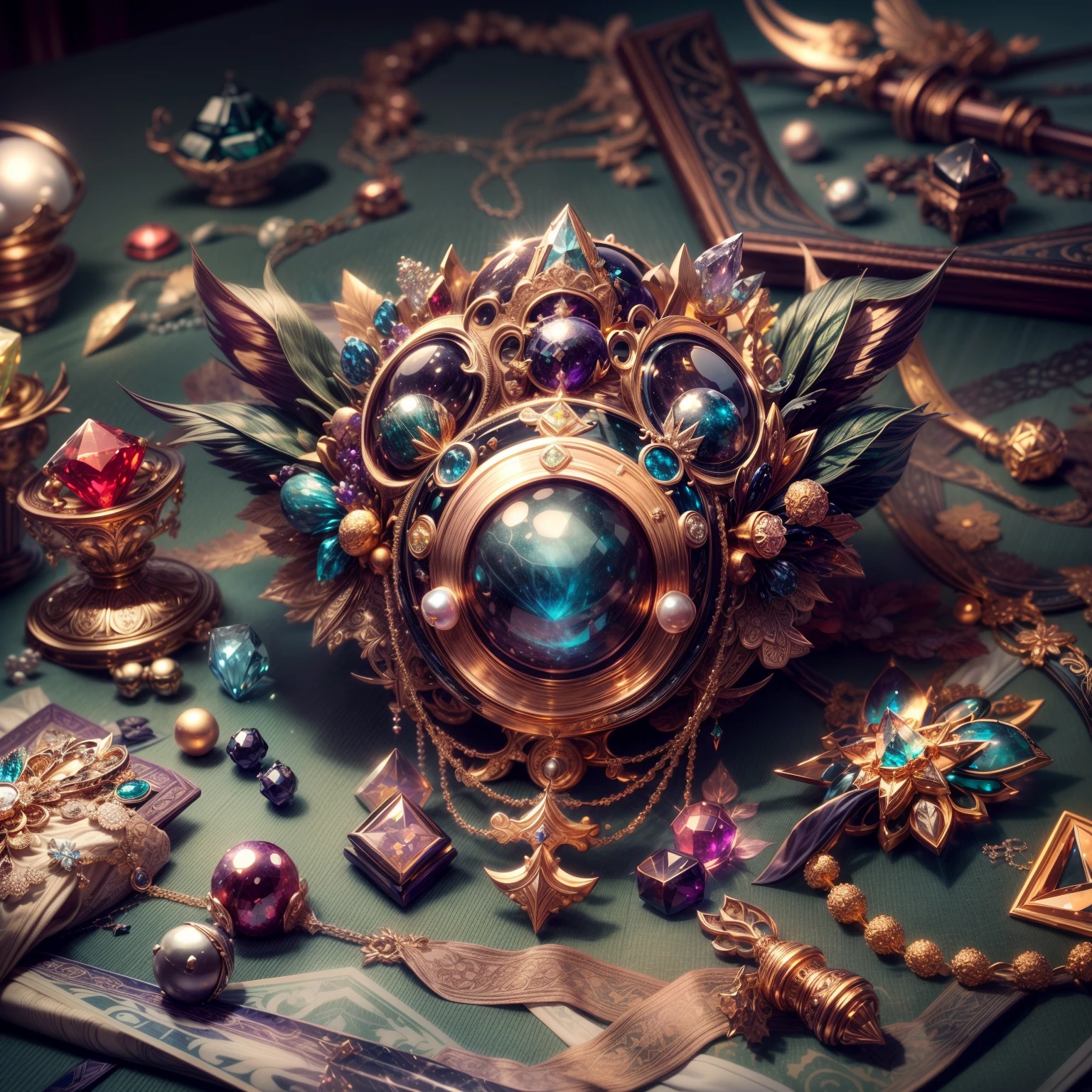 (Warhammer wind:1.2),(Full Focus:2),(Everything is laid out in a display case:1.3),(SakuraNS|Printed silk products|medal|ore|obsidian|pearls|hisui|white jade|amethyst|sapphires|Gold products|Silver products|Purple gold|Magical jewelry|antiquarian|Red Jewel|Diamond|topaz|:2),Magic symbols,Magic light particle effect,High-tech luxury, High-value jewelry,,High-value metals,luxury goods,Puzzles are prohibited, Detailed and complex background, glittery, reflective light, hyper HD, Award-Awarded, A high resolution, High detail, Chiaroscuro, Cinematic lighting, Masterpiece, Ray traching,structurally correct, Super detail, High quality, High details, Best quality, 16k