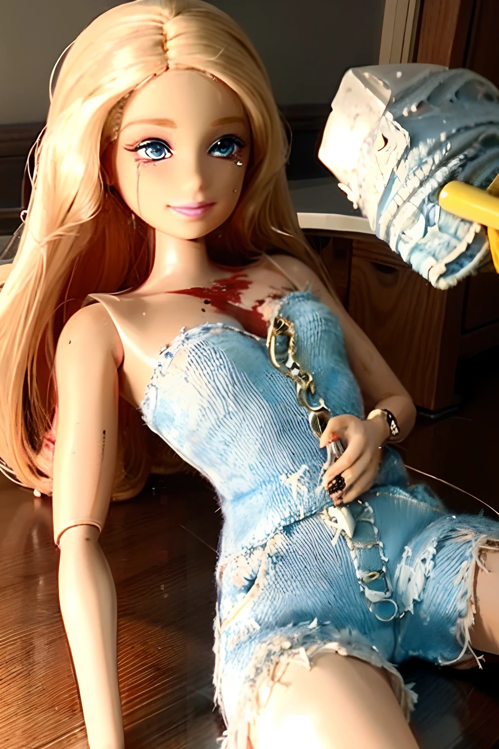 Barbie killed ken with a knife after a quarrel :: barbie is angry, crying, sitting, she has a knife in her hands :: ken lies on the floor in blood, dead :: mess in the room, scattered things :: thriller lighting, drama