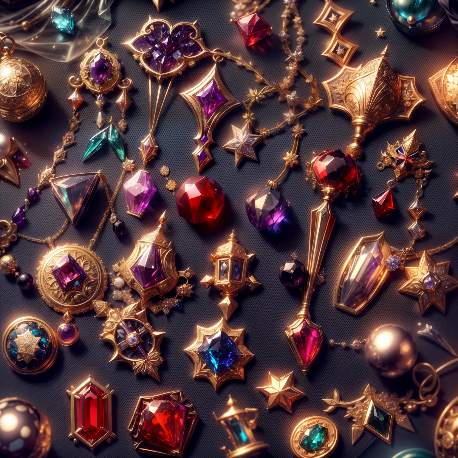 (Warhammer wind:1.2),(Full Focus:2),(Everything is laid out in a display case:1.3),(SakuraNS|Printed silk products|medal|ore|obsidian|pearls|hisui|white jade|amethyst|sapphires|Gold products|Silver products|Purple gold|Magical jewelry|antiquarian|Red Jewel|Diamond|topaz|:2),Magic symbols,Magic light particle effect,High-tech luxury, High-value jewelry,,High-value metals,luxury goods,Puzzles are prohibited, Detailed and complex background, glittery, reflective light, hyper HD, Award-Awarded, A high resolution, High detail, Chiaroscuro, Cinematic lighting, Masterpiece, Ray traching,structurally correct, Super detail, High quality, High details, Best quality, 16k