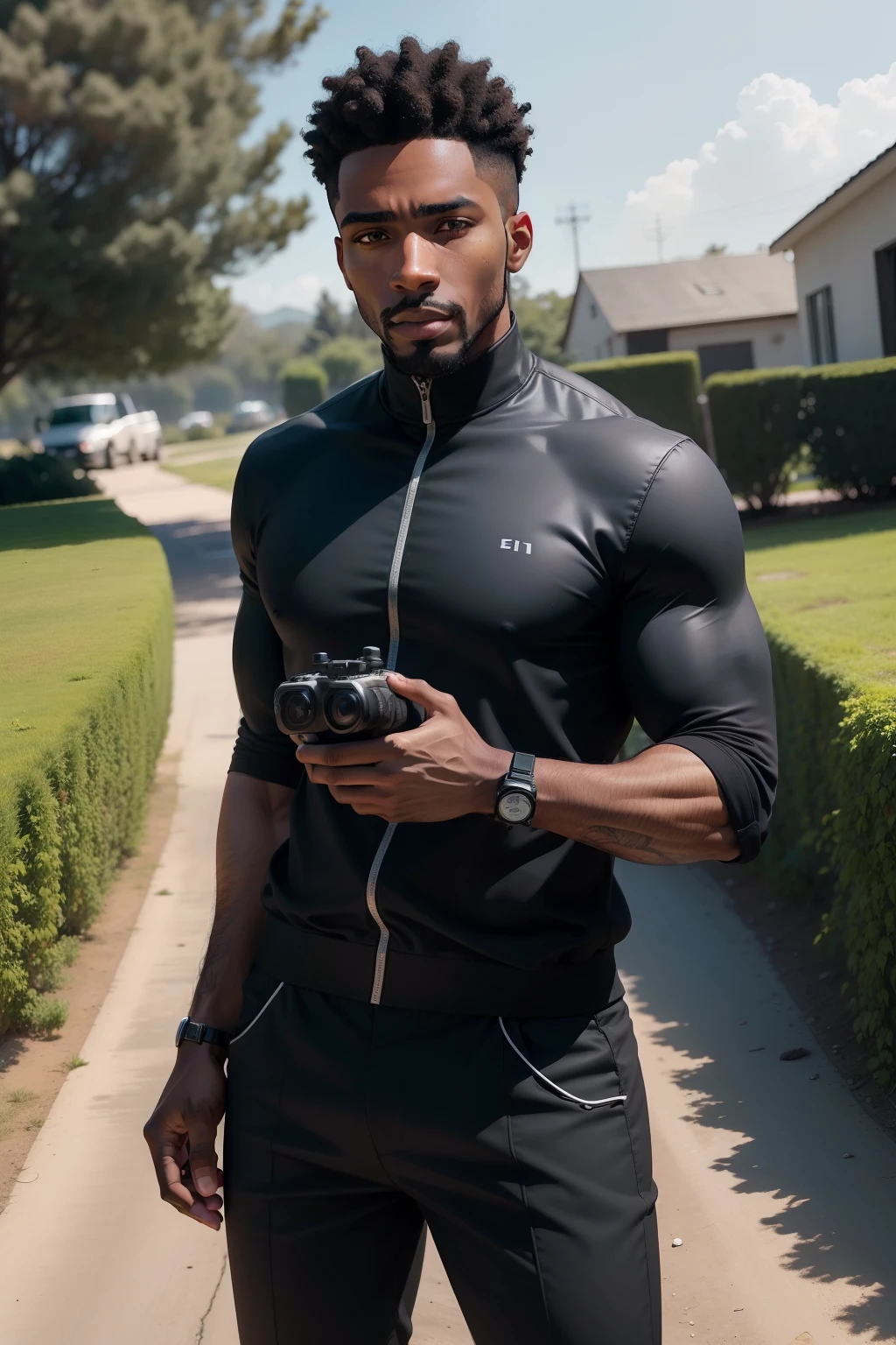 description: Make a Black Man

Features: Esse homem deve estar usando roupa preta.

scenecy: It should be in an open area in nature   
Share: He's controlling a drone
Quality: Foto ultra realista, qualidade 8k, fullhd