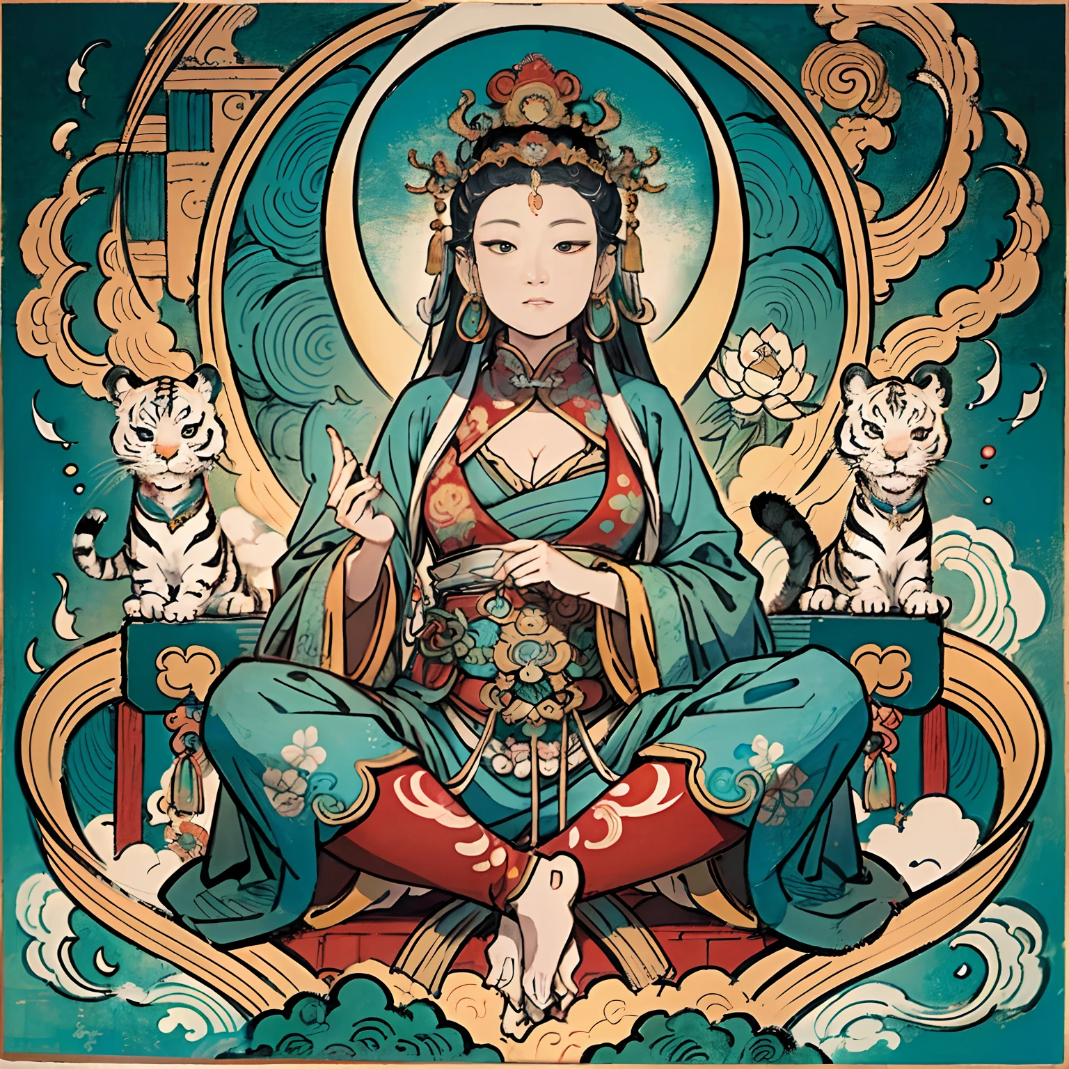 an ancient Chinese goddess, guanyin of the southern seas, Guanyin, Inspired by India, Avalokiteshvara rides a tiger,,Serene expression,shui mo hua,Buddha,Buddhist,Lotus,Chinese painting style,Thangka style