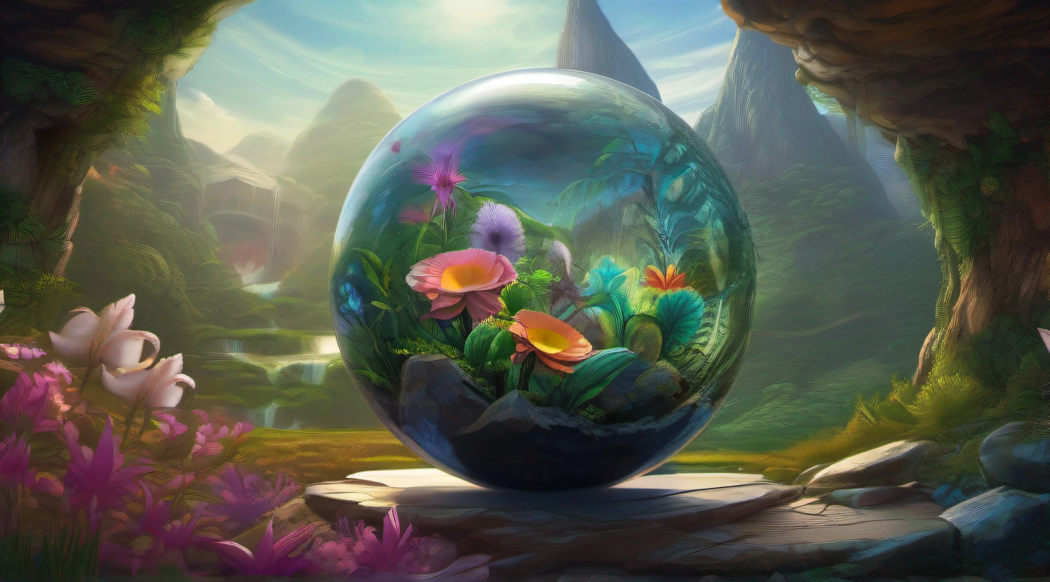Glass sphere containing an alien biome of exotic flowers, sphere rests on mossy lawn inside a cave with walls studded with gleaming minerals, intricate details, fantasy art, art by Clemilton Barbosa, award-winning art, 8k, Very detailed background, Extreme light and shadow,( Detailed eyes), ( beautiful) perfect lighting, (extremely detailed 8k illustrated wallpaper), (masterpiece), (best quality), (ultra detailed),(best illustration), (Best shadow), vivid colors