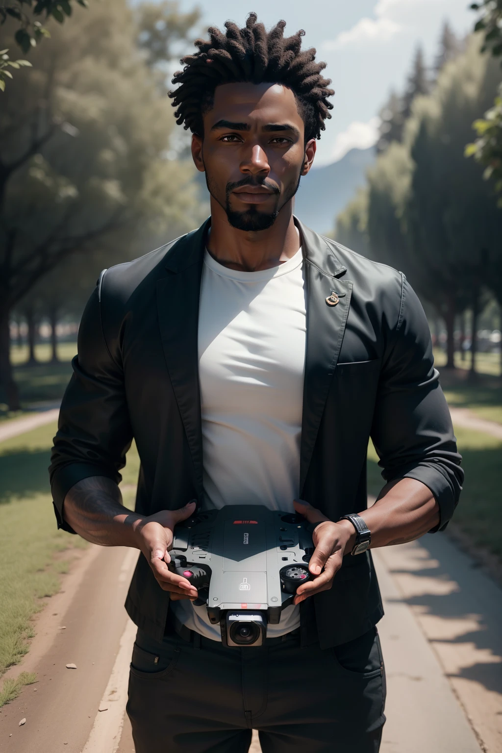 description: Make a Black Man
Features: Esse homem deve estar usando roupa preta.
scenecy: It should be in an open area in nature
Share: He's controlling a drone
Quality: Foto ultra realista, qualidade 8k, fullhd