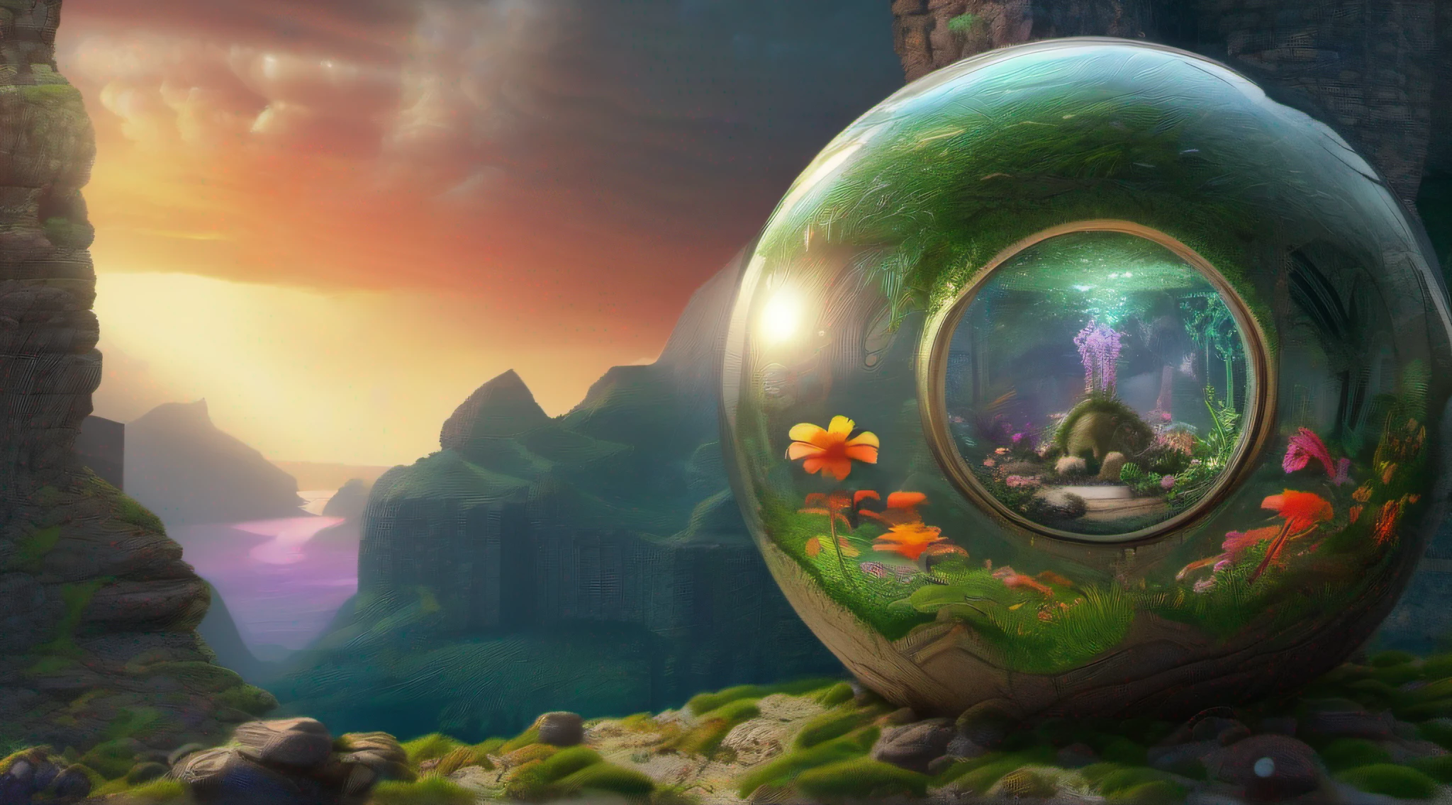 Glass sphere containing an alien biome of exotic flowers, sphere rests on mossy lawn inside a cave with walls studded with gleaming minerals, intricate details, fantasy art, art by Clemilton Barbosa, award-winning art, 8k, Very detailed background, Extreme light and shadow,( Detailed eyes), ( beautiful)  perfect lighting, (extremely detailed 8k illustrated wallpaper), (masterpiece), (best quality), (ultra detailed),(best illustration), (Best shadow), vivid colors