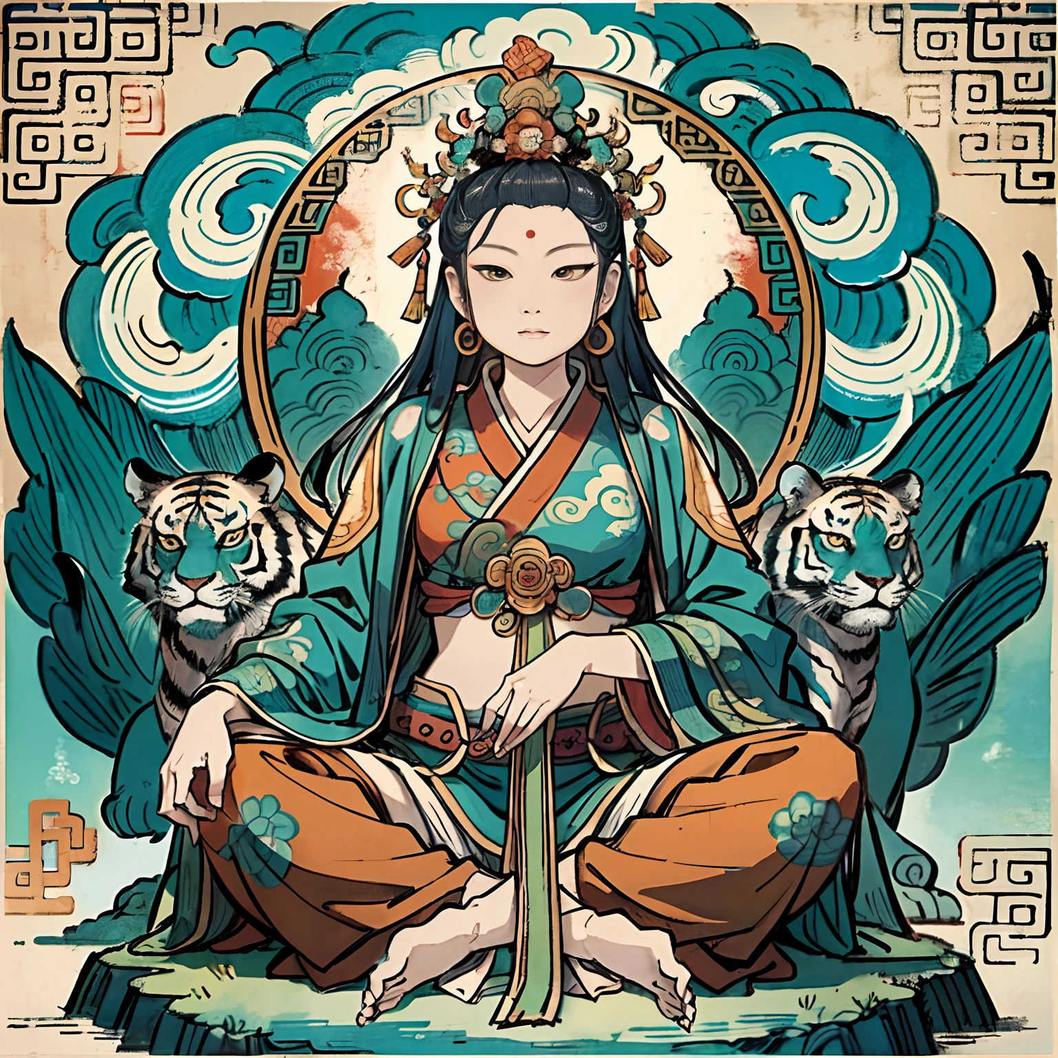 an ancient Chinese goddess, guanyin of the southern seas, Guanyin, Inspired by India, Avalokiteshvara rides a tiger,,Serene expression,shui mo hua,Buddha,Buddhist,Lotus,Chinese painting style,Thangka style