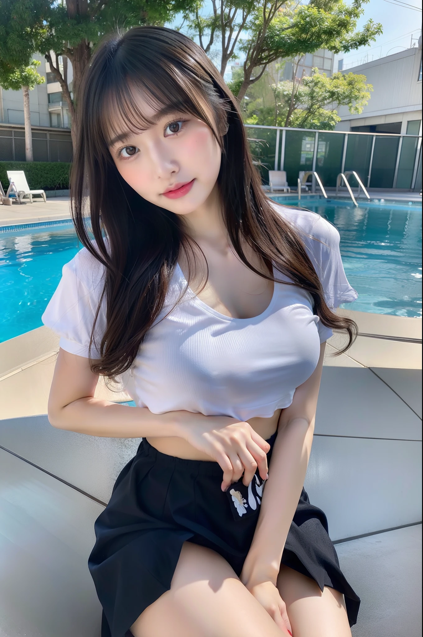 8K、Raw photography、top-quality、masterpiece:1.2、realisitic、Photorealsitic:1.37、ultra-detailliert、超A high resolution、Raw photo、Dark hair、glowy skin、Wet body、Dramatic Writing、15yo student、Slender figure:1.1、Firm abs、hyperdetailed face、Detailed lips、二重まぶた、Erotic Poses、1 girl in、beatiful detailed eyes、floting hair、bangss、Skin Texture、narrow waists、Slim waist、(Curve:0.4)、thighs thighs thighs thighs、电影灯光、profetional lighting、school swimming pool、Into the water、Large valleys、Show blue underwear、Japan wearing ridiculously short miniskirt uniforms、low angles、Crotch open、M word、Show panties、stubborn body、large boob、big butts、Show off buttocks sticking out of the skirt、Squat down and see inside the skirt