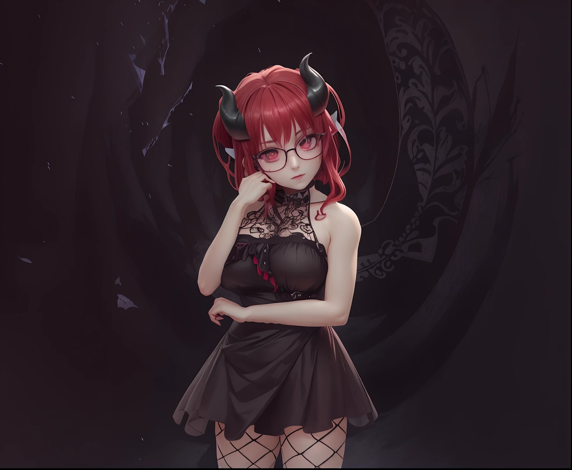 There's a girl with red hair and glasses posing for a photo, Gapmoe Yandere Grimdark, menina anime demon, pose assustadora, demon girl, Succubus em vestido curto apertado, 1 7 - year - old anime goth girl, segurando uma pose de pudica, Avatar do Second Life, goth girl, gotic girl, gothic maiden anime girl, lo gothic, melhor qualidade, anime