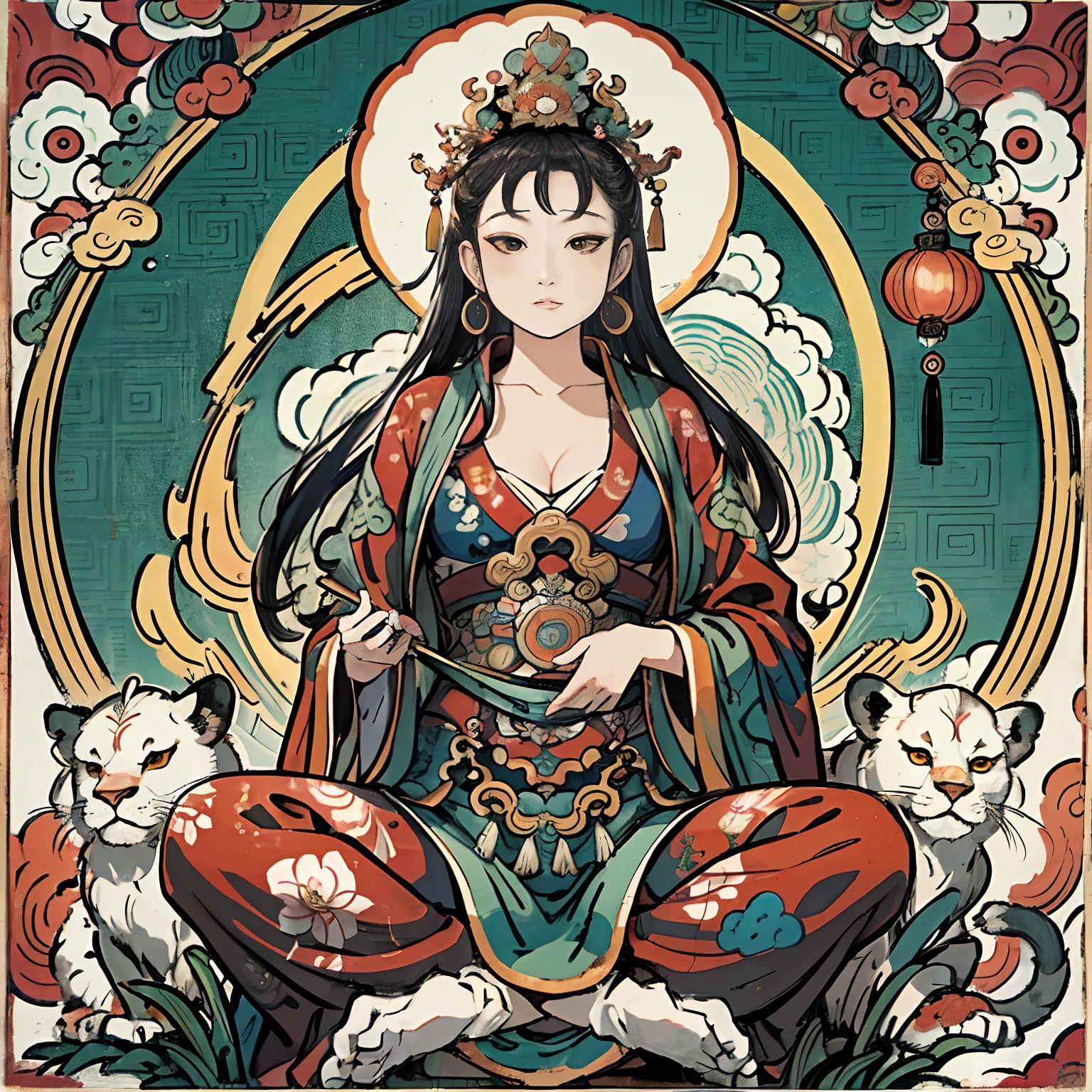 an ancient Chinese goddess, guanyin of the southern seas, Guanyin, Inspired by India, Avalokiteshvara rides a lion，,Serene expression,shui mo hua,Buddha,Buddhist,Lotus,Chinese painting style,Thangka style