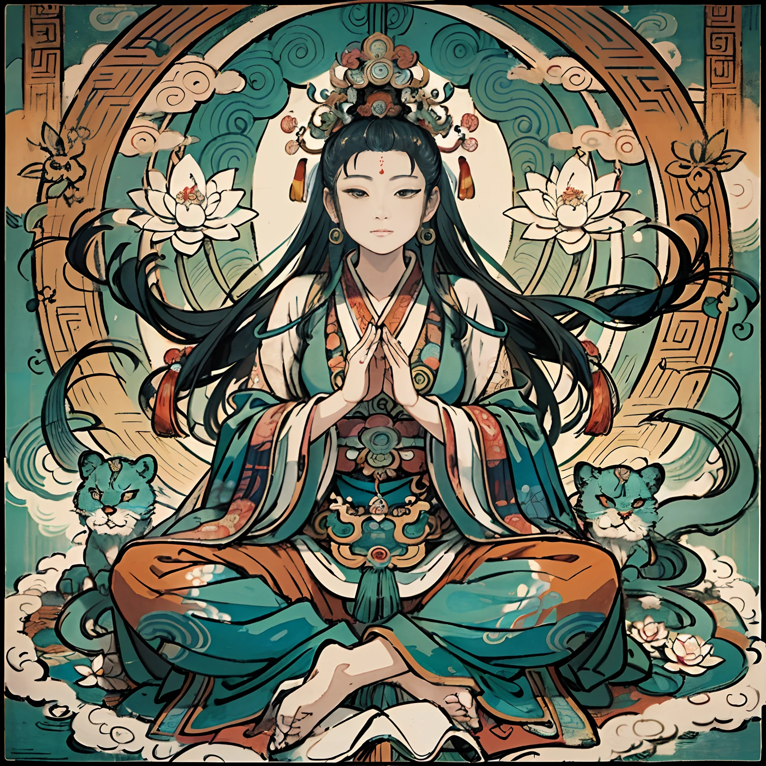 an ancient Chinese goddess, guanyin of the southern seas, Guanyin, Inspired by India, Avalokiteshvara rides a lion，,Serene expression,shui mo hua,Buddha,Buddhist,Lotus,Chinese painting style,Thangka style