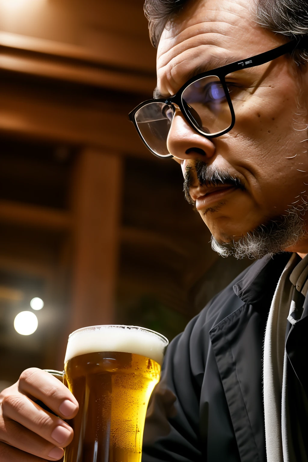 guttonervision8, Prepare to be captivated by a studio portrait that embodies the essence of casual delight in an English pub. The central figure, a distinguished man sporting glasses, finds solace at the bar, relishing a frothy beer. This scene transcends reality, skillfully brought to life through a hyper-realistic lens, with a scaling factor of 1.3 that elevates lifelike qualities, making the character's presence almost tangible. The final masterpiece is unveiled in breathtaking 8K Ultra High Definition, amplified by a scaling factor of 1.3, a testament to the pursuit of visual excellence. However, the journey doesn't stop at photorealism; it delves further into the realm of hyper-detailed artistry. The observer becomes an explorer, embarking on a visual journey enhanced by a scaling factor of 1.2. Every element is rendered with meticulous precision, inviting scrutiny and admiration. The Chiaroscuro technique adds a touch of magic, orchestrating a symphony of light and shadow that beckons the viewer to explore the depths of the scene. The captivating interplay of highlights and shadows reveals the character's personality, inviting you to step into the world of this English pub and share in the quiet joy of his moment.