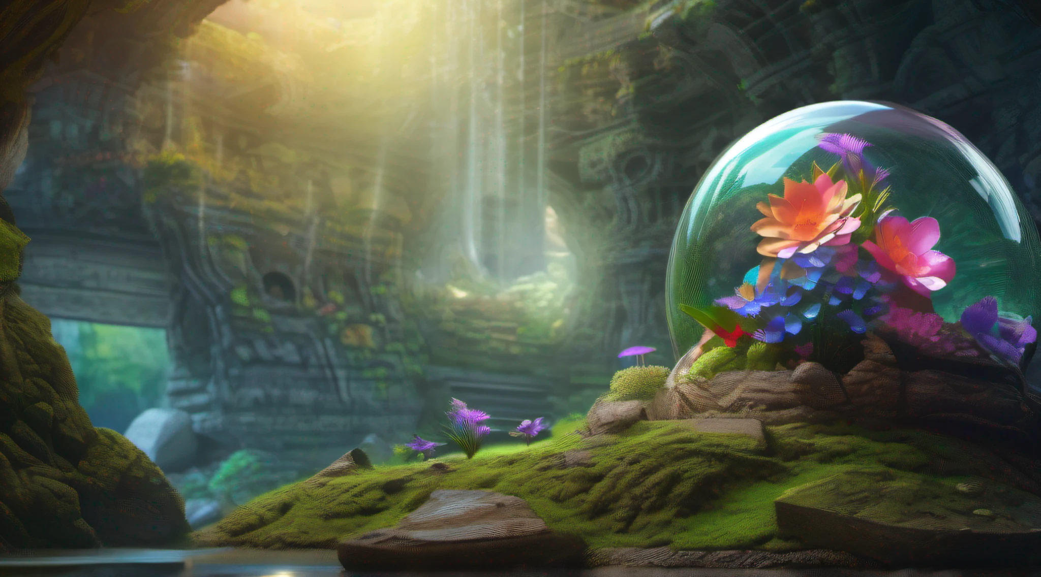 Glass sphere containing an alien biome of exotic flowers, sphere rests on mossy lawn inside a cave with walls studded with gleaming minerals, intricate details, fantasy art, art by Clemilton Barbosa, award-winning art, 8k, Very detailed background, Extreme light and shadow,( Detailed eyes), ( beautiful) perfect lighting, (extremely detailed 8k illustrated wallpaper), (masterpiece), (best quality), (ultra detailed),(best illustration), (Best shadow), vivid colors