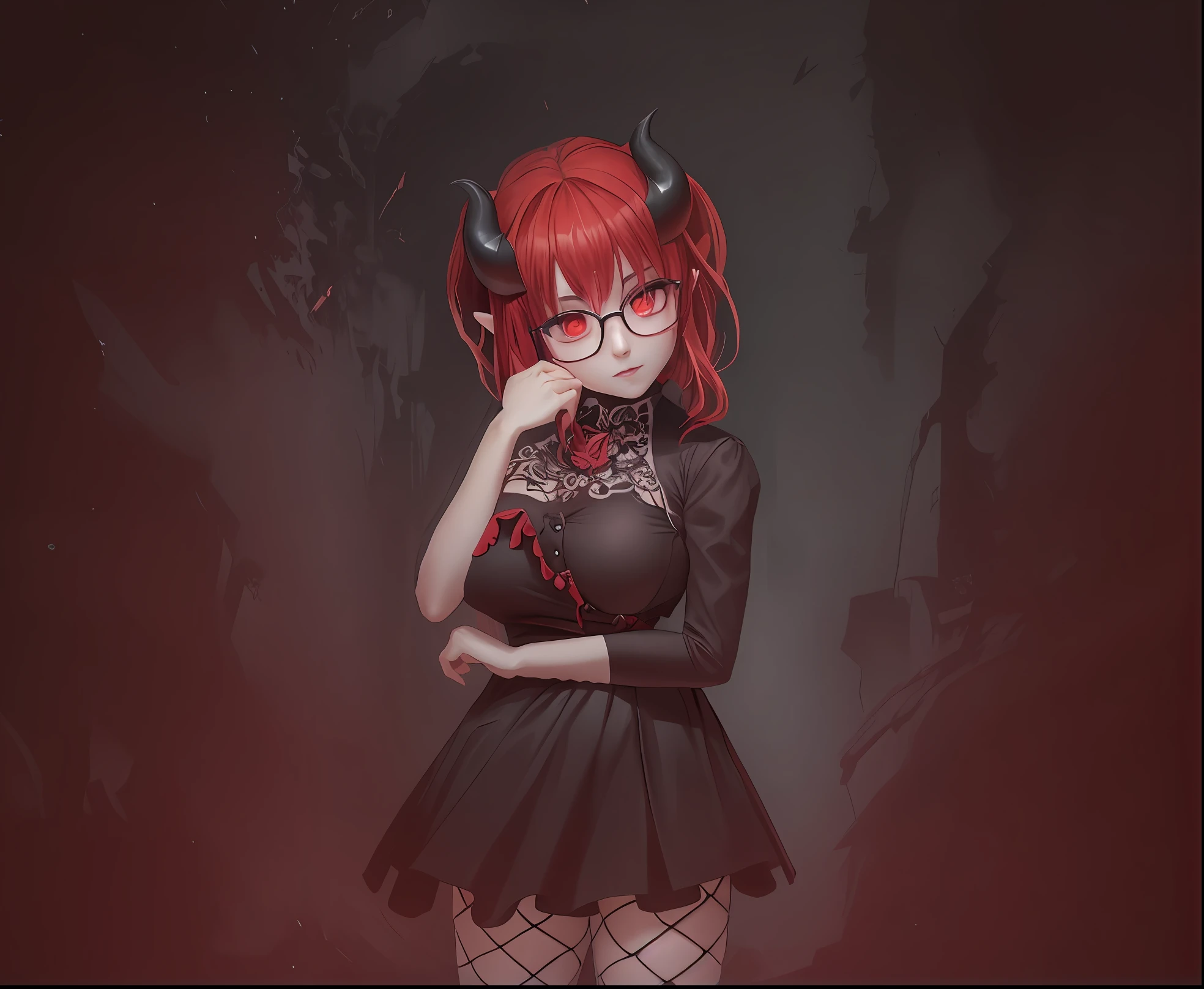 There's a girl with red hair and glasses posing for a photo, Gapmoe Yandere Grimdark, menina anime demon, pose assustadora, demon girl, Succubus em vestido curto apertado, 1 7 - - old me goth girl, segurando uma pose de pudica, Avatar do Second Life, goth girl, gotic girl, gothic maiden anime girl, lo gothic, melhor qualidade, anime