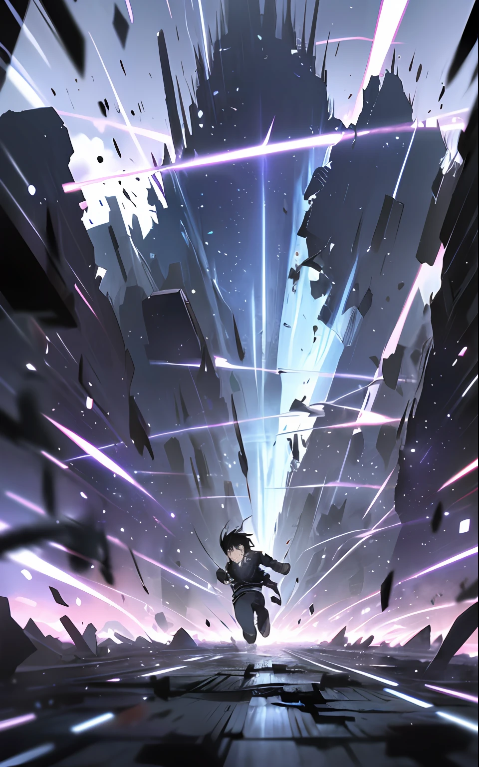 Kirito running in a scenario of destruction Manga effects