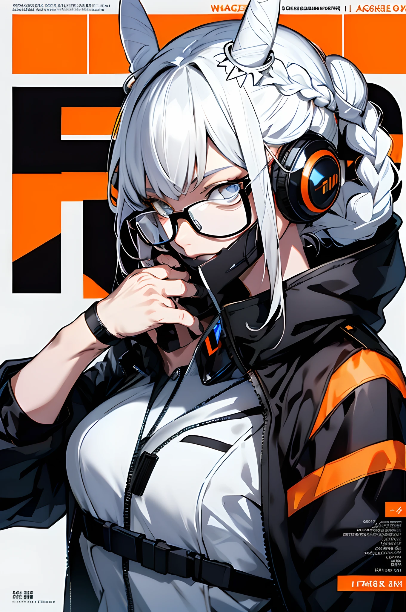 (magazine cover:1.3),ulzzang-6500, (realistic: 1.3) (original: 1.2), masterpiece, best quality, beautiful clean face, fullbody, 1woman, (wearing black and white and cobalt scifi techmask and headphones with complex electronics), wearing black techwear jacket and orange trousers with buckle and tape, (crystal necklace), posing for a picture, (white braided bun hair), glasses