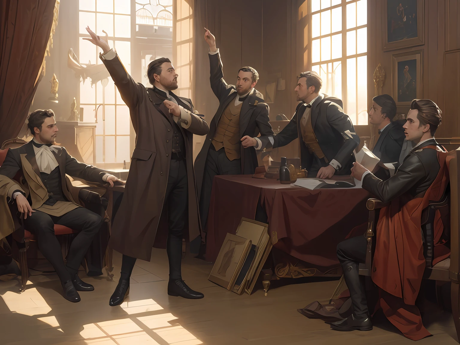 Young mens are making noise.,masterpiece, Highly detailed, super realistic, 4k, 8k, detailed background, detailed face, bright Lighting, Daylight, Victorian style,
art by James_Jean_Andrei_Riabovitchev_Marc_Simonetti,