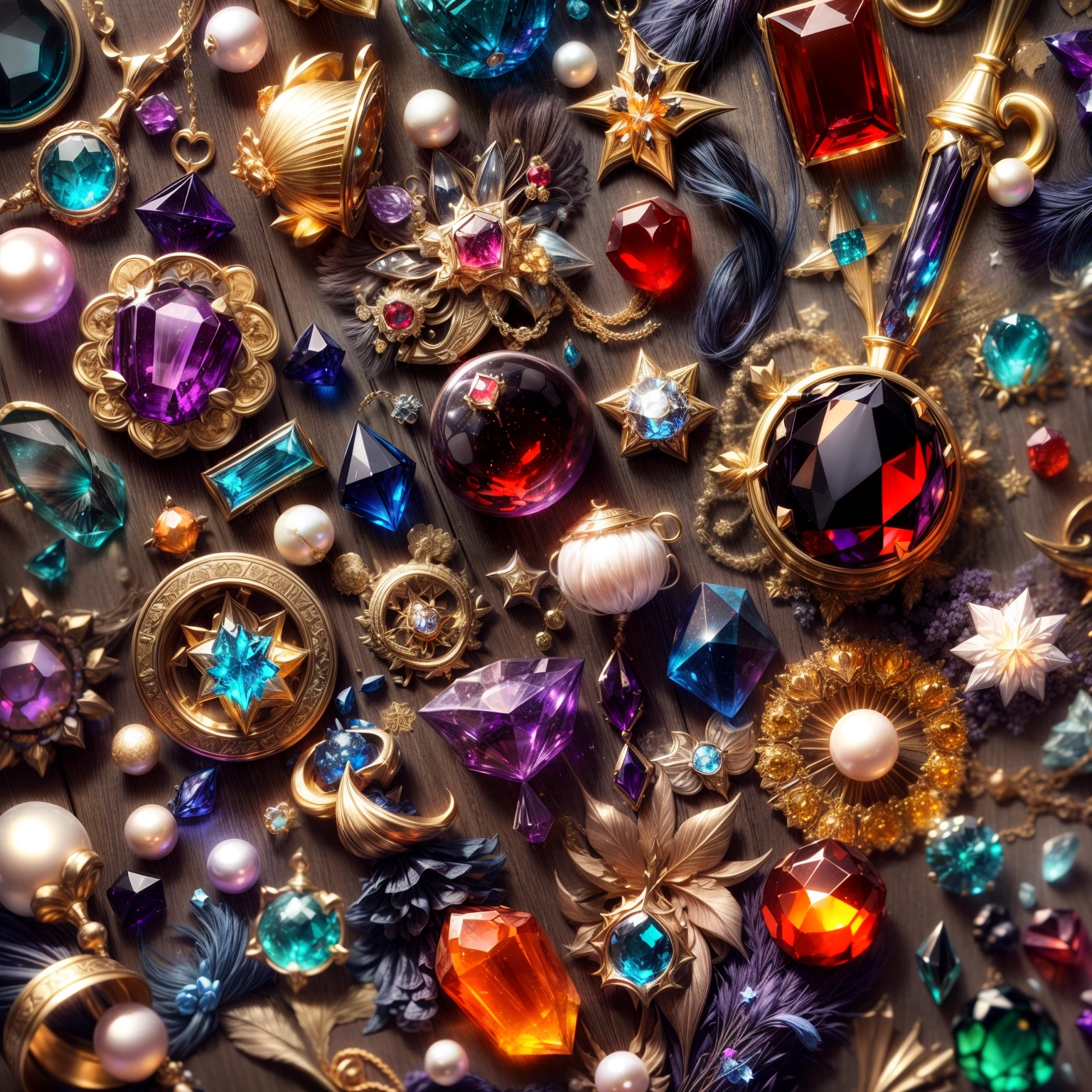 (Warhammer wind:1.2),(Full Focus:2),(Everything is laid out in a display case:1.3),(Colored gemstones|SakuraNS|Printed silk products|medal|ore|obsidian|pearls|Emeraude|white jade|amethyst|sapphires|Gold products|Silver products|Purple gold|Magical jewelry|antiquarian|Red Jewel|Orange gemstones|Blue Gemstones|Topaz|:2),Magic symbols,Magic light particle effect,High-tech luxury, High-value jewelry,,High-value metals,luxury goods,Puzzles are prohibited, Detailed and complex background, glittery, reflective light, hyper HD, Award-Awarded, A high resolution, High detail, Chiaroscuro, Cinematic lighting, Masterpiece, Ray traching,structurally correct, Super detail, High quality, High details, Best quality, 16k