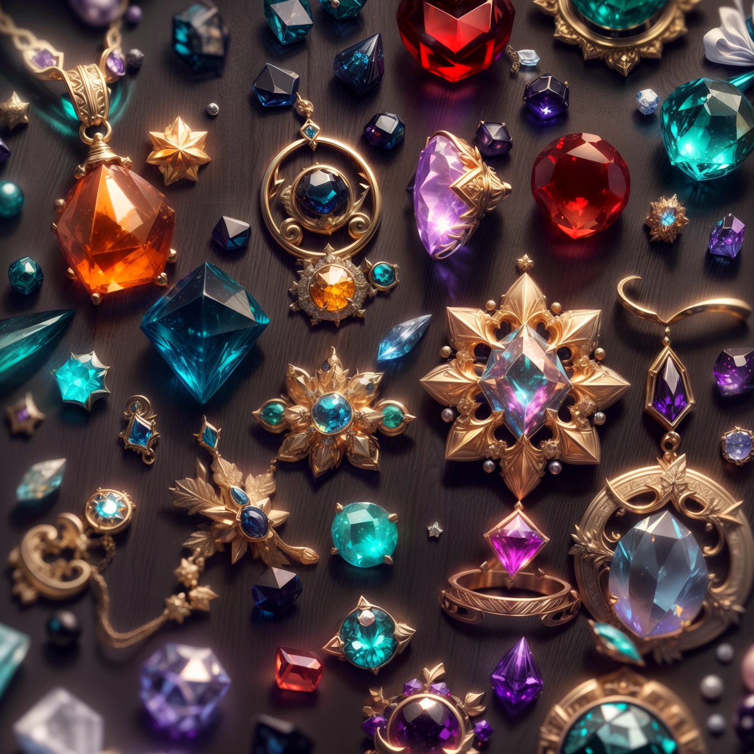 (Warhammer wind:1.2)，(Full Focus:2),(Everything is laid out in a display case:1.3)，(Colored gemstones|SakuraNS|Printed silk products|medal|ore|obsidian|pearls|Emeraude|white jade|amethyst|sapphires|Gold products|Silver products|Purple gold|Magical jewelry|antiquarian|Red Jewel|Orange gemstones|Blue Gemstones|Topaz|:2)，Magic symbols，Magic light particle effect，High-tech luxury， High-value jewelry,，High-value metals，luxury goods，Puzzles are prohibited, Detailed and complex background, glittery, reflective light, hyper HD, Award-Awarded, A high resolution, High detail, Chiaroscuro, Cinematic lighting, Masterpiece, Ray traching，structurally correct, Super detail, High quality, High details, Best quality, 16k