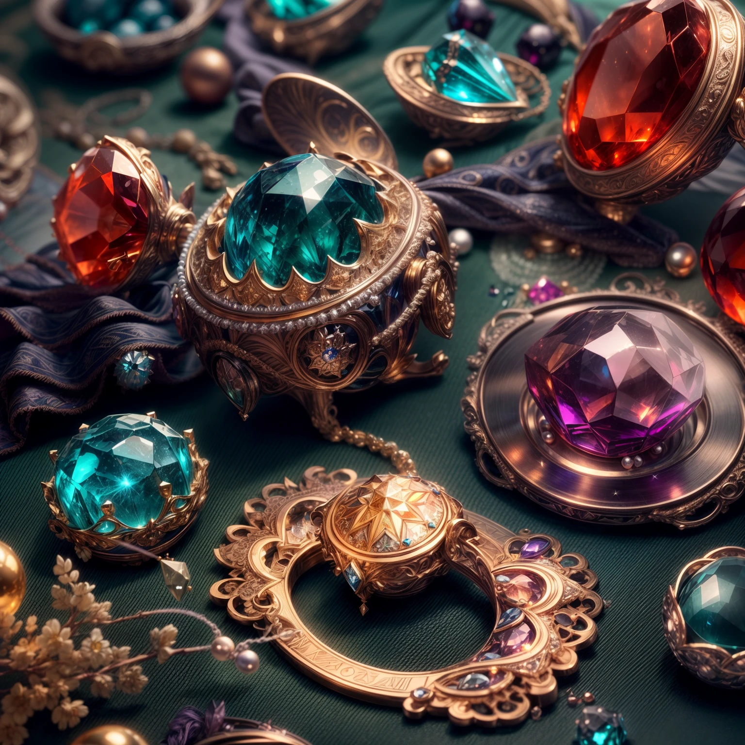 (Warhammer wind:1.2),(Full Focus:2),(Everything is laid out in a display case:1.3),(Colored gemstones|SakuraNS|Printed silk products|medal|ore|obsidian|pearls|Emeraude|white jade|amethyst|sapphires|Gold products|Silver products|Purple gold|Magical jewelry|antiquarian|Red Jewel|Orange gemstones|Blue Gemstones|Topaz|:2),Magic symbols,Magic light particle effect,High-tech luxury, High-value jewelry,,High-value metals,luxury goods,Puzzles are prohibited, Detailed and complex background, glittery, reflective light, hyper HD, Award-Awarded, A high resolution, High detail, Chiaroscuro, Cinematic lighting, Masterpiece, Ray traching,structurally correct, Super detail, High quality, High details, Best quality, 16k