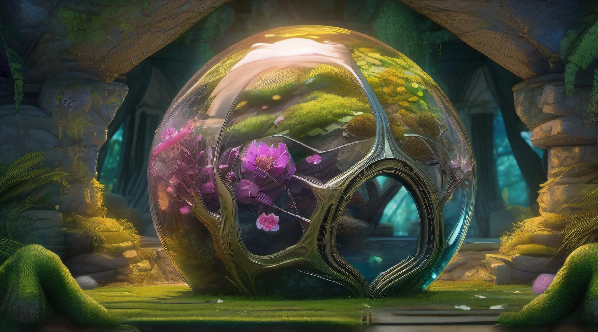 Glass sphere containing an alien biome of exotic flowers, sphere rests on mossy lawn inside a cave with walls studded with gleaming minerals, intricate details, fantasy art, art by Clemilton Barbosa, award-winning art, 8k, Very detailed background, Extreme light and shadow,( Detailed eyes), ( beautiful) perfect lighting, (extremely detailed 8k illustrated wallpaper), (masterpiece), (best quality), (ultra detailed),(best illustration), (Best shadow), vivid colors