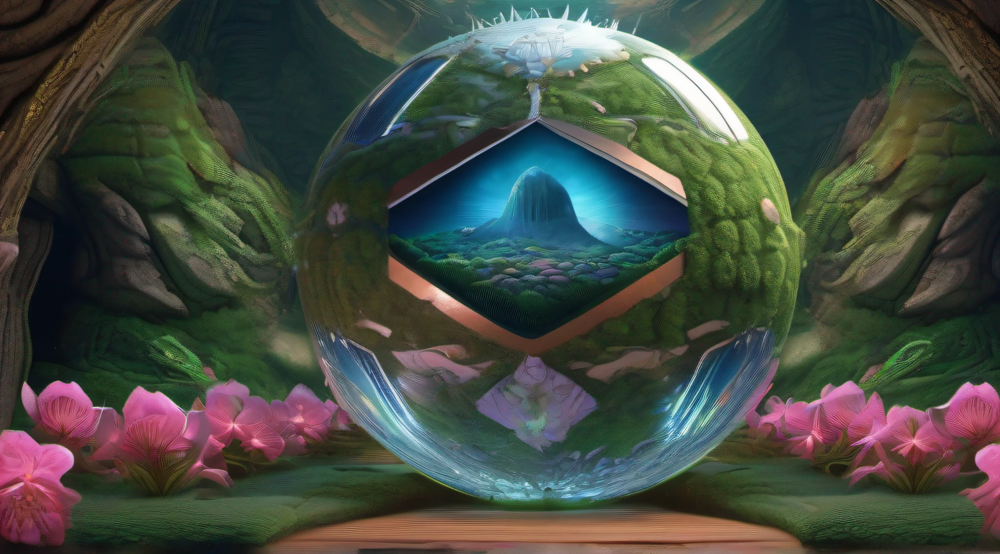 Glass sphere containing an alien biome of exotic flowers, sphere rests on mossy lawn inside a cave with walls studded with gleaming minerals, intricate details, fantasy art, art by Clemilton Barbosa, award-winning art, 8k, Very detailed background, Extreme light and shadow,( Detailed eyes), ( beautiful) perfect lighting, (extremely detailed 8k illustrated wallpaper), (masterpiece), (best quality), (ultra detailed),(best illustration), (Best shadow), vivid colors