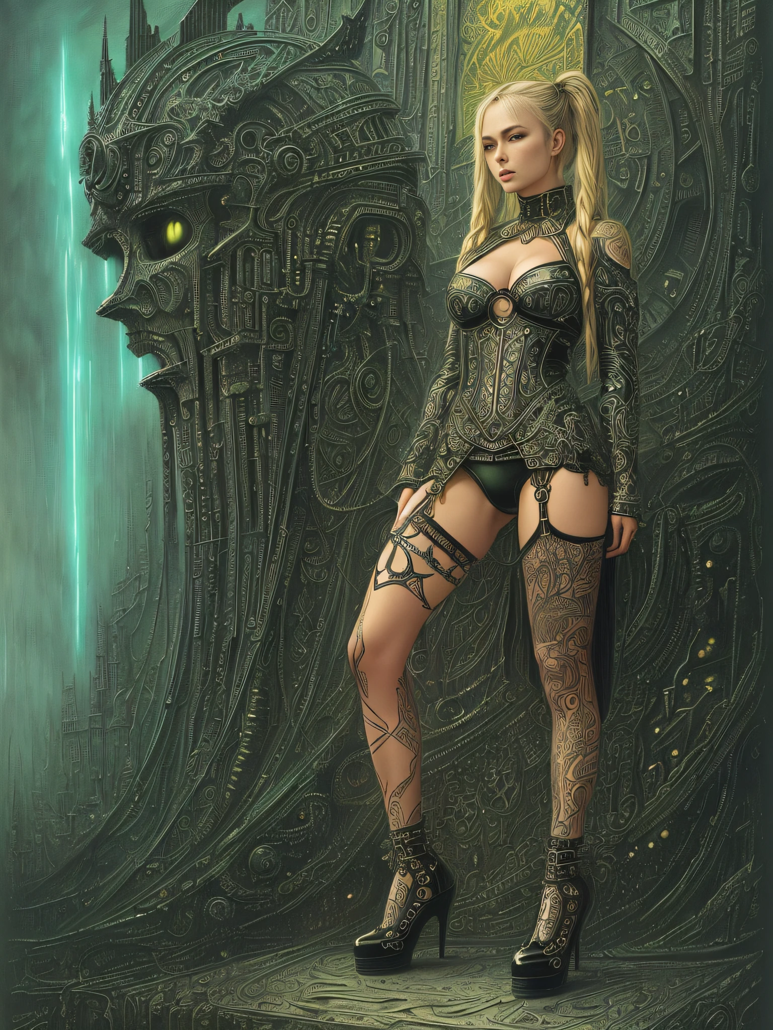 a finnish blond girl, posing, twintails, bondage, high heel shoes, leather,
chaotic, eclectic style, metal bra, intricate details, hyperdetailed, tattoo, goth, close up, intricate, artwork masterpiece, ominous, matte painting movie poster, golden ratio, intricate, epic, trending on artstation, by artgerm, by h. r. giger, by beksinski, highly detailed, vibrant,