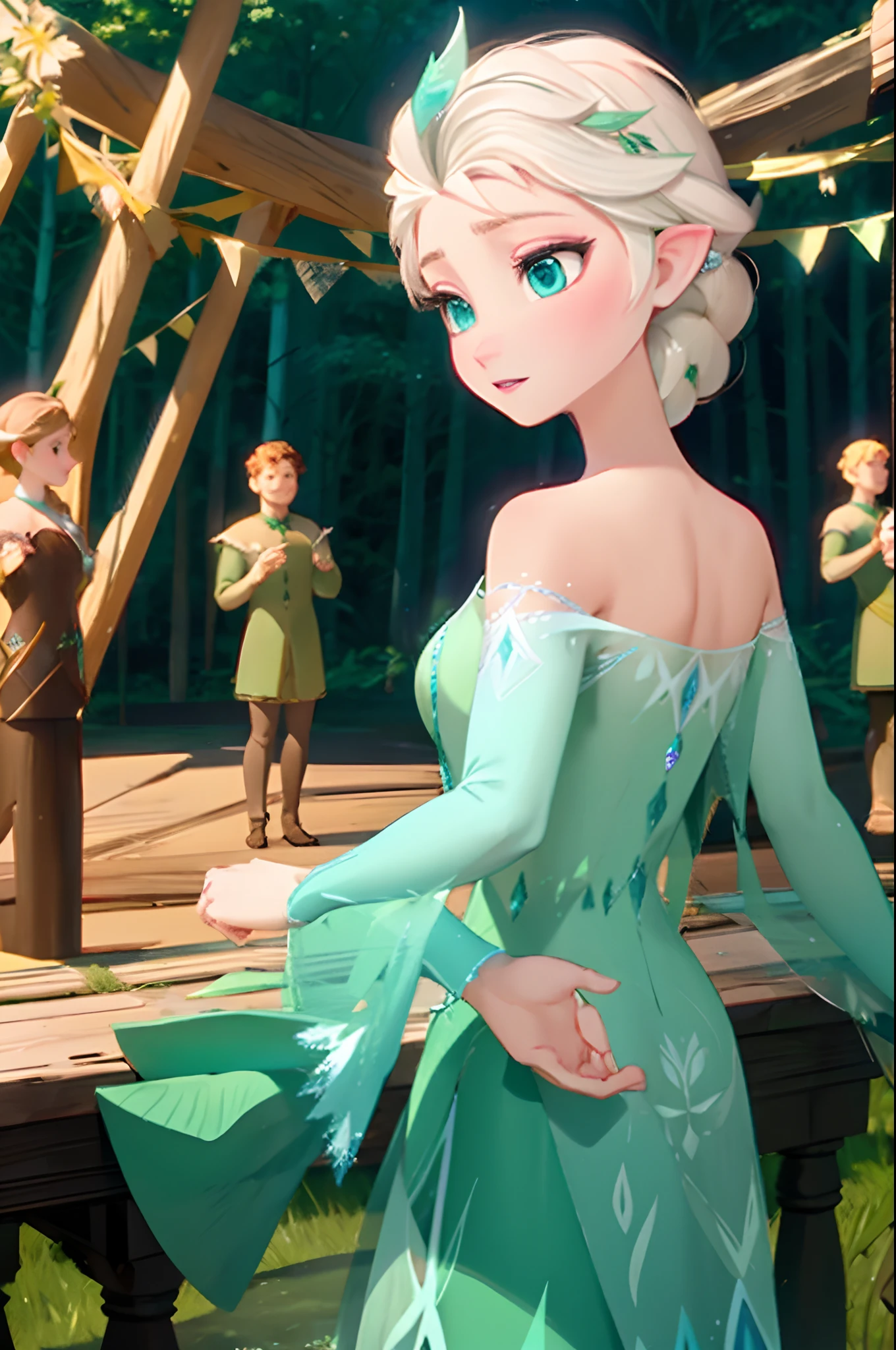 Elsa, Elsa, frozen Elf ears, elf leaf dress, forest, elf, green dress, looking at camera, deep forest, fantasy