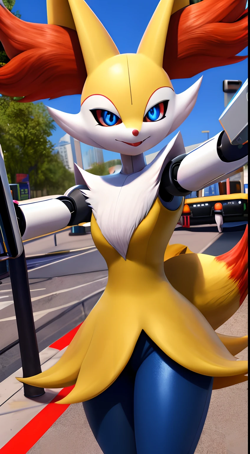 Braixen ,obra maestra,mejor calidad,estilo de arte realista, fotorrealista,3d,robot maquina,metalico,piel brillante,metalic, mechanic,Pokémon,Pose linda,black sclera, ojos azules, piel brillante,1girl,Parque de la ciudad, gente, Public, ojos brillantes,selfie,robot face,