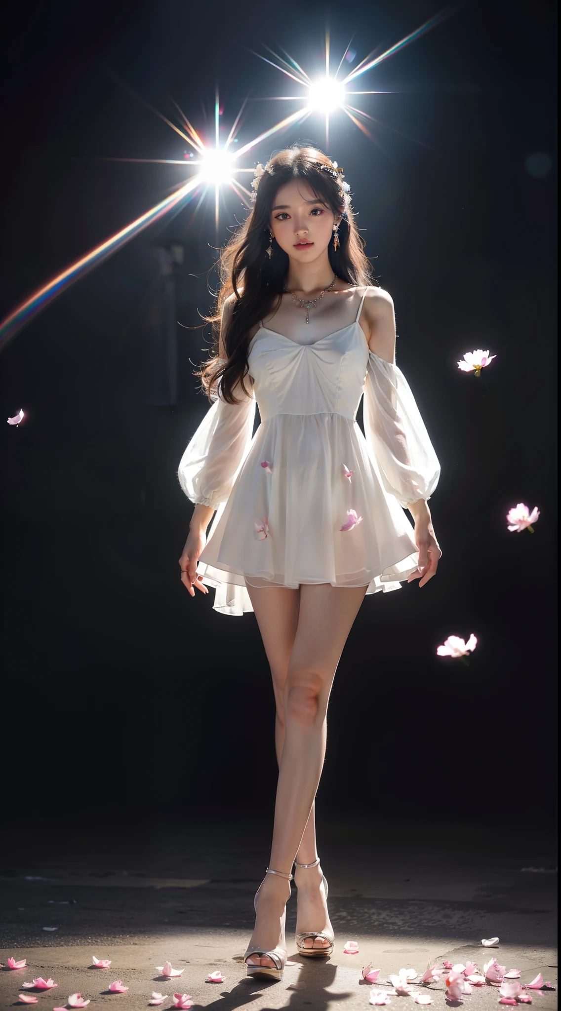 (8k, RAW Photo: 1.2), 1 Girl, (Long hair: 1.31), earrings, hair rings, necklaces, cinematic lighting, best quality, ultra high resolution, (realistic: 1.3), POV, (solo: 1.1), (looking at the audience: 1.331), (parted lips: 1.1), (eyelashes: 1.1), (pleasure: 1.21), (depth of field: 1.1), lens flare, (chromatic aberration: 1.1), (caustics: 1.1), (scattered glowing petals: 1.331), ulzzang-6500-v1.1, ((dream asymmetrical dress))), (full body)), ((high heels))