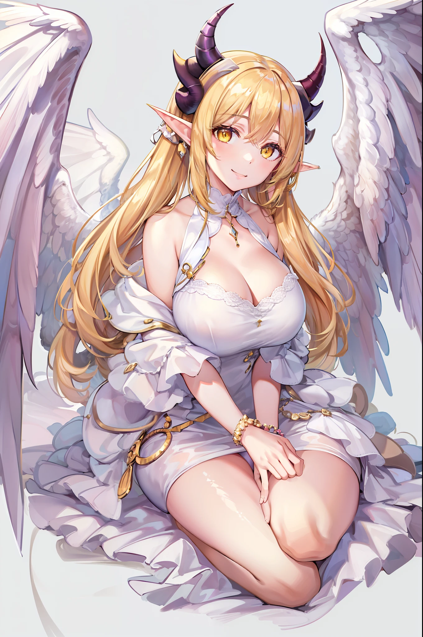 (masterpiece:1.5), (bestquality), highlydetailed, ultra-detailed, (1girl), (large breasts:1.2), (long hair:1.2), (twintails:1.1), (thighs:1.1), (yellow eyes:1.1), (looking at viewer:1.3), (simple background), (sitting), (smile), (solo), (demon wings), (horns), (pointy ears), (wings), (white background)
