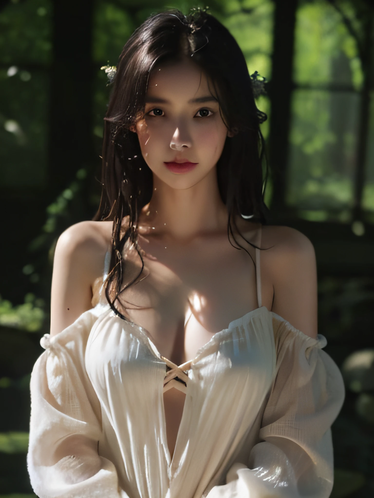 top-quality、masterpiece、超A high resolution、(Photorealsitic:1.5)、Raw foto、1girl in、elvish、off shoulders、murky、deep-shadows、cold light、Sexy appearance、mysterious look、large boob、Fluffy clothes、I can see the cleavage、Shiny body、the body is dripping wet