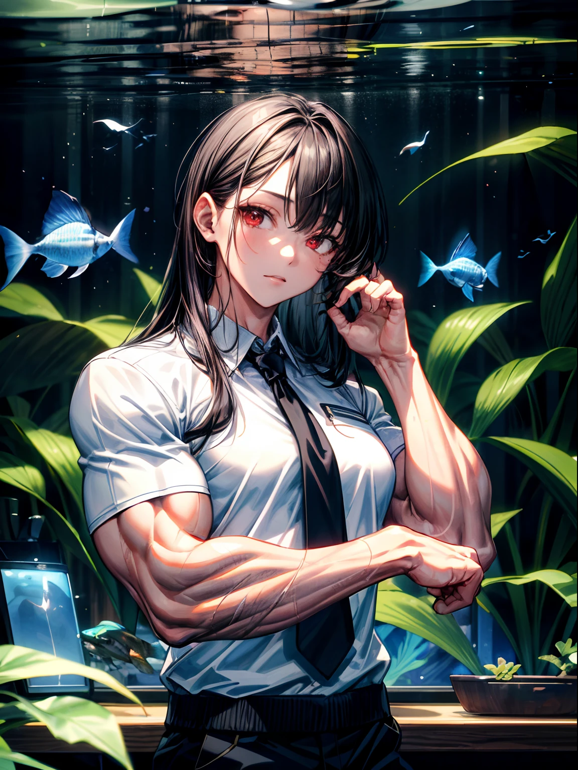(best lighting) , (super-complex details) , 4K unified, (super-detailed CG: 1.2) , (8K: 1.2),(original), (masterpiece) , (best quality),(Masterpiece:1.4),Anime-ish high quality,(masterpiece),masterpiece, best quality, absurdres,((Masterpeace, 4k, 8k, highres)),(masterpiece), (best quality), (ultra-detailed), (an extremely delicate and beautiful), ((cowboy shot)), 1 woman, Yoru, beautiful face, detailed face, red eyes, scar on the cheek, long hair, black hair, school uniform, white shirt, black tie, dynamic pose, looking at viewer, on a aquarium, fish tank behind her, algae, marine life, blurred bottom, female focus, depth of field, full HD, high definition, high resolution
, ((body builder:1.5)),temple background,(beautiful bace),(girl),(female),(((upper body:1))),from front