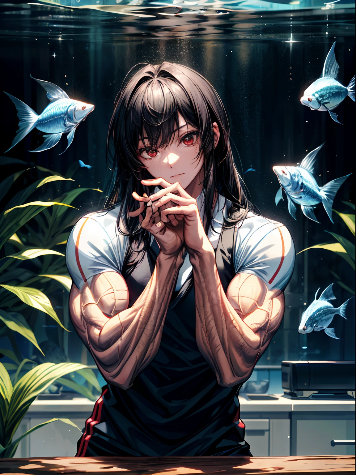 (best lighting) , (super-complex details) , 4K unified, (super-detailed CG: 1.2) , (8K: 1.2),(original), (masterpiece) , (best quality),(Masterpiece:1.4),Anime-ish high quality,(masterpiece),masterpiece, best quality, absurdres,((Masterpeace, 4k, 8k, highres)),(masterpiece), (best quality), (ultra-detailed), (an extremely delicate and beautiful), ((cowboy shot)), 1 woman, Yoru, beautiful face, detailed face, red eyes, scar on the cheek, long hair, black hair, school uniform, white shirt, black tie, dynamic pose, looking at viewer, on a aquarium, fish tank behind her, algae, marine life, blurred bottom, female focus, depth of field, full HD, high definition, high resolution
, ((body builder:1.5)),temple background,(beautiful bace),(girl),(female),(((upper body:1))),from front