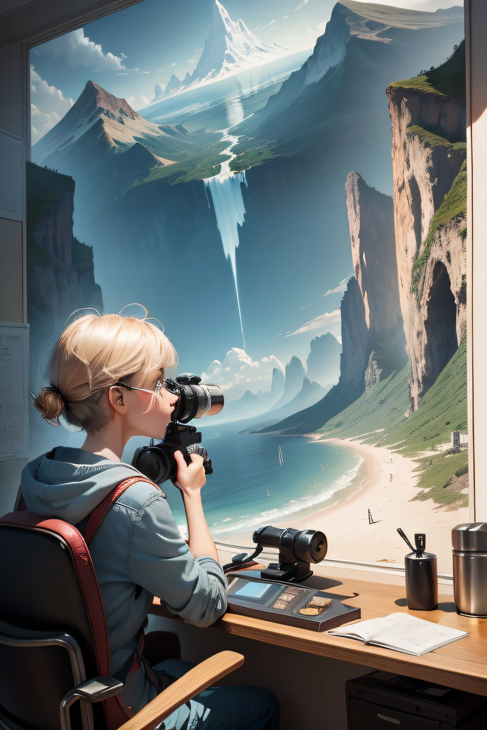 create a composite image of curious elements with scenery that evokes a sense of wonder and invitation to explore. Through telescope and map.