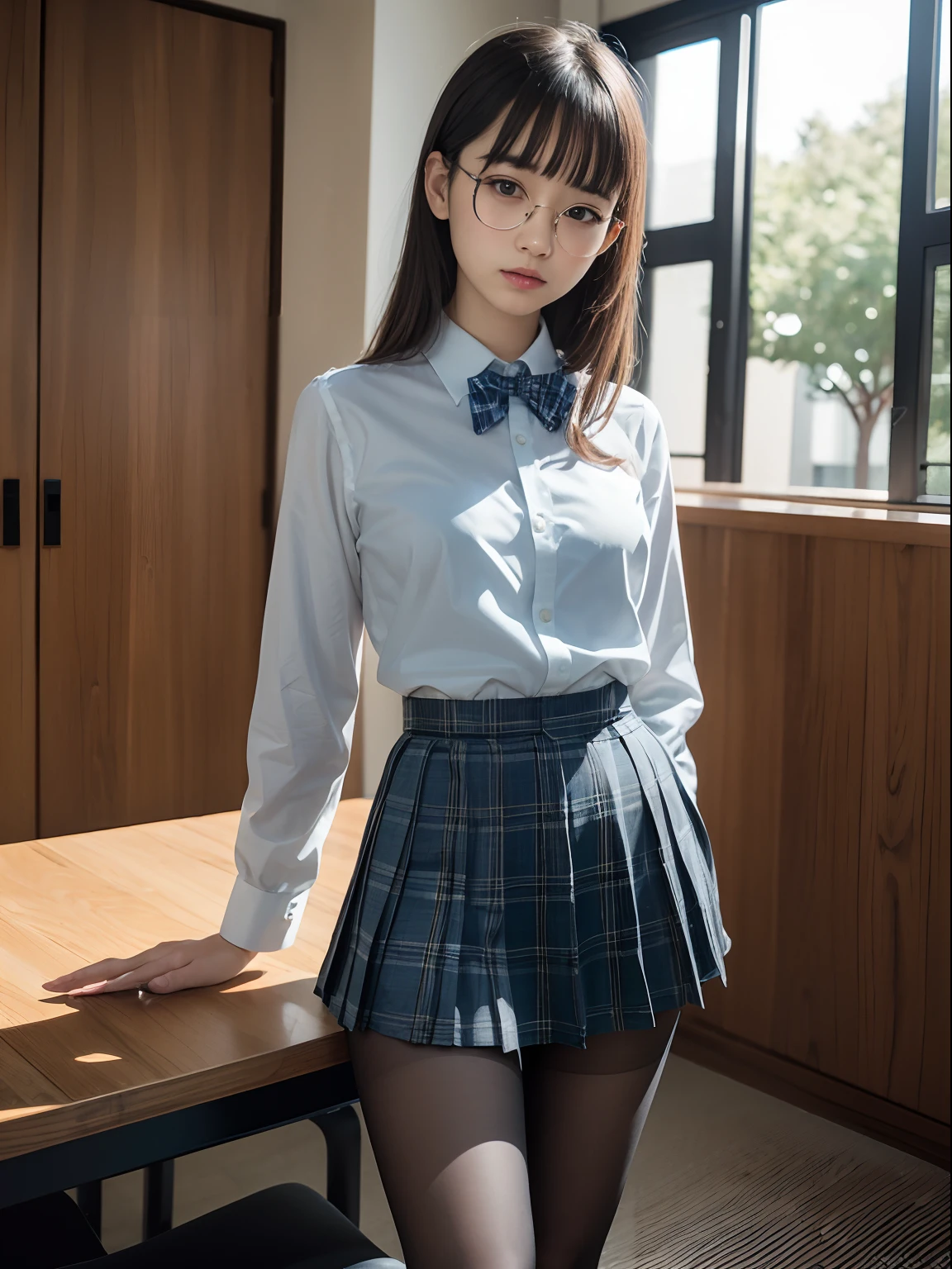 （8K、Raw photography、top-quality、​masterpiece：1.2),watching at viewers,Looking at the front,side poneyTail、Pour a single knot over your chest>Bullish,Muchimuchi,Erotic,Pupils,Light Blue Bra,de pele branca,kne,(Black pantyhose),absurderes,a small face,small tits,flat breast,Parting the bangs from the middle、Forehead visible,(a cold expression,Tight eyes,glares,Bullish,skinny,Rasping,irate)、​masterpiece,top-quality、超A high resolution,Raw photo,ren,Beautiful fece,One Person, 独奏,eye glass,,Dark look,Small breasts,fullllbody,Round glasses、cute little、Back to Student,JK school uniform,hi-school girl,A Japanese Lady,is standing,（Photorealsitic：1.37）、Photon mapping,Realistic、Cute little face,Brown-eyed、Black socks、(Red bow tie)、Radio City、Physically Based Rendering、Foreground、depth of fields、Blurry background、a picture,The girls、Body,beauty legs, Long legs, Thin leg,Tie your hair into one strand on your chest,(Bangs are visible), hair, s lips, Blue_The eye, nosesoft,(Light blue shirt), (Navy and blue and white plaid pleated skirt), Knees are visible,Sheer clothing,, Thigh, Black cotton socks,Nogizaka Idol, 女優, Japanese ido