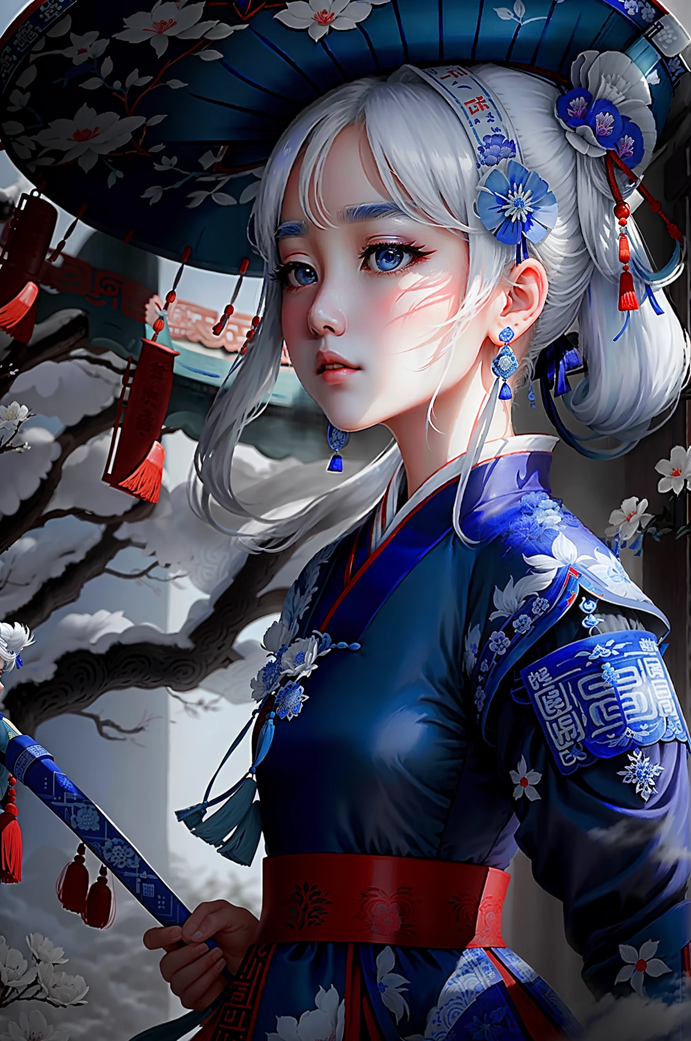 White-haired royal sister at masterpiece level,She looked up into the distance,Blue guqin in hand,The blue dress flutters to the melody。