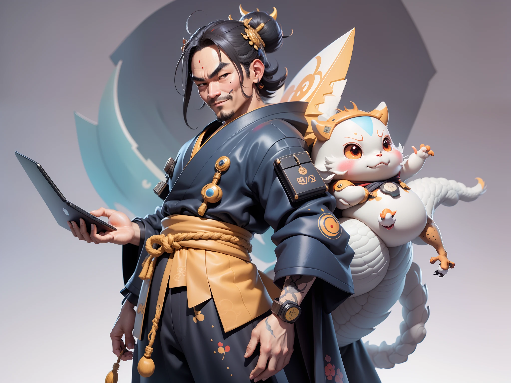 (Daisaku),(Need),(Super meticulous),(full bodyesbian:1.2),Japanese ukiyo-e girl,japanese geisha,Beautiful,Oriental dragon,Aeolian Thor,Raised sexy,爆乳,Oriental face,TV Anchor,Bust portrait illustration,Alone,In black suit,a blue tie,The face is slightly chubby,The face was clean,without a beard,Black super short hair,Black eyes,Smile confidently,3C computer sub-products,iPad, iphone,Digital painting,3D character design by Mark Clairen and Pixar and Hayao Miyazaki and Akira Toriyama,The illustration is a high-definition illustration in 4K resolution,With very detailed facial features and cartoon-style visuals。