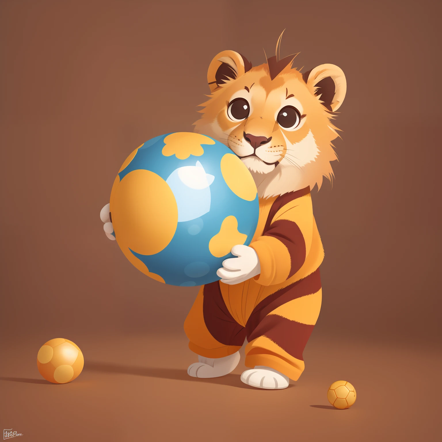 Lion cub a few months old standing in pajamas and holding a multicolored ball with his hands, biped, estilo desenho animado, fofo, master part, 3D rendering, melhor qualidade, muitos detalhes, (fundo liso), fundo preto