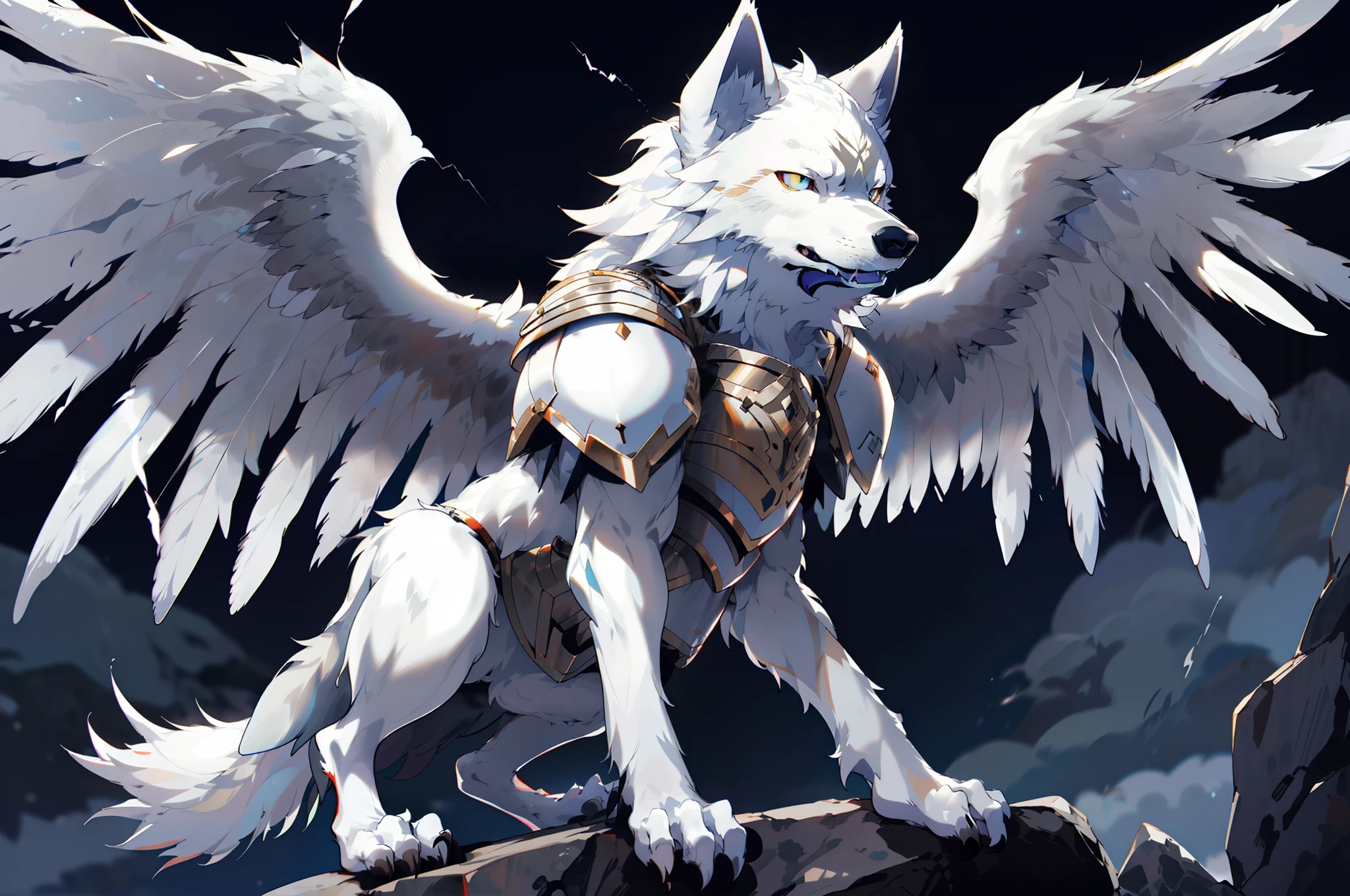 anime - style white wolf with wings on a rock in the dark, winged wolves, white fox anime, wolf armor, an anthropomorphic wolf, mystical anubis valkyrie, anthropomorphic wolf, fenrir, white wolf, albedo from the anime overlord, husky in shiny armor, high detailed official artwork, albedo from overlord