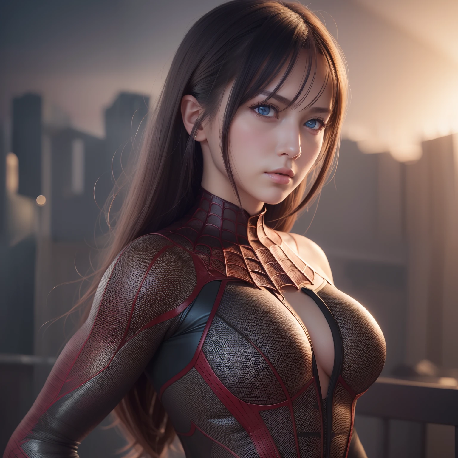 (Ultra Real), (Illustration), (High Resolution), (8K), (Very Detailed), (Best Illustration), (Beautiful Detailed Eyes), (Best Quality), (Ultra Detailed), (Masterpiece), (Wallpaper), (Detailed Face), 1girl, spidergirl, gblue eyes, muscle, heroes girl, big breast,