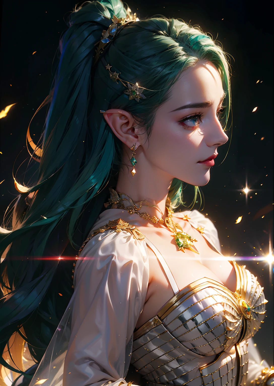 1girl in, elf-ears, Elven Princess, Green hair, Gradient Hair, Long hair, hair messy, Dreadlocks, hair clips, Hair Ornament, Jewelry, forehead gem, Hood down, star-shaped pupils, Gradient Eyes, aqua eyes, pointy ear, crystal earrings, Serious, Bright pupils, flustered, Anime, Anime style, Anime, Anime, spark of light, Glowing light, reflective light, vignetted, Reference Sheet, From Side, Lens Flare, ((masutepiece)), masutepiece, Anatomically correct, Super Detail, High quality, high details, Best Quality, 4K, 8K, 16 K, hard disk, nffsw