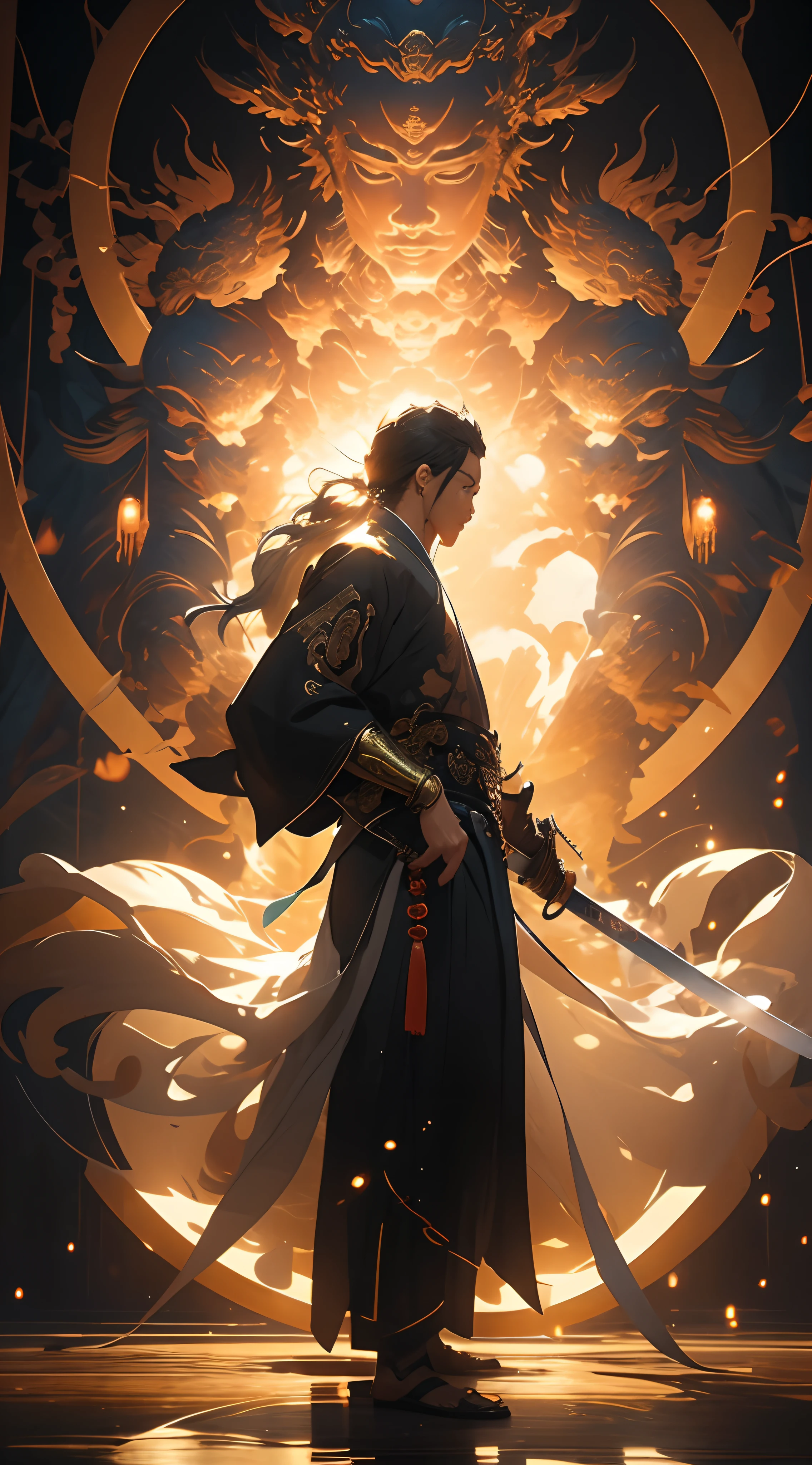Japanese sword in hand,Dark green glowing blade,