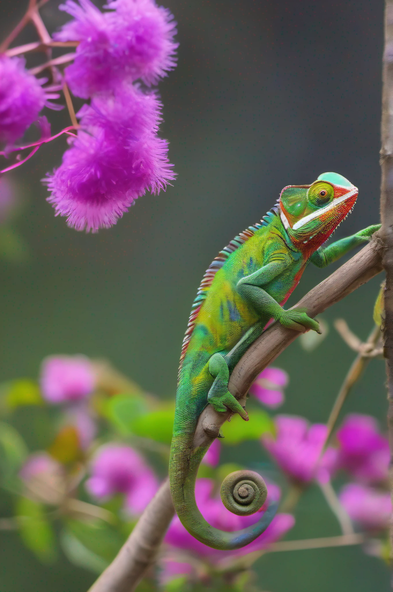 imagen intrincada llena de detalles, 8k, Unique work, Multicolored chameleon, ojos detallados, cuerpo detallado, ser omnipotente, in its communion with nature and its silver leaves, mezcla de bosque y paisaje natural, a en perfecta coexistencia, luz fuerte y brillante, mariposa volando cerca del camaleon