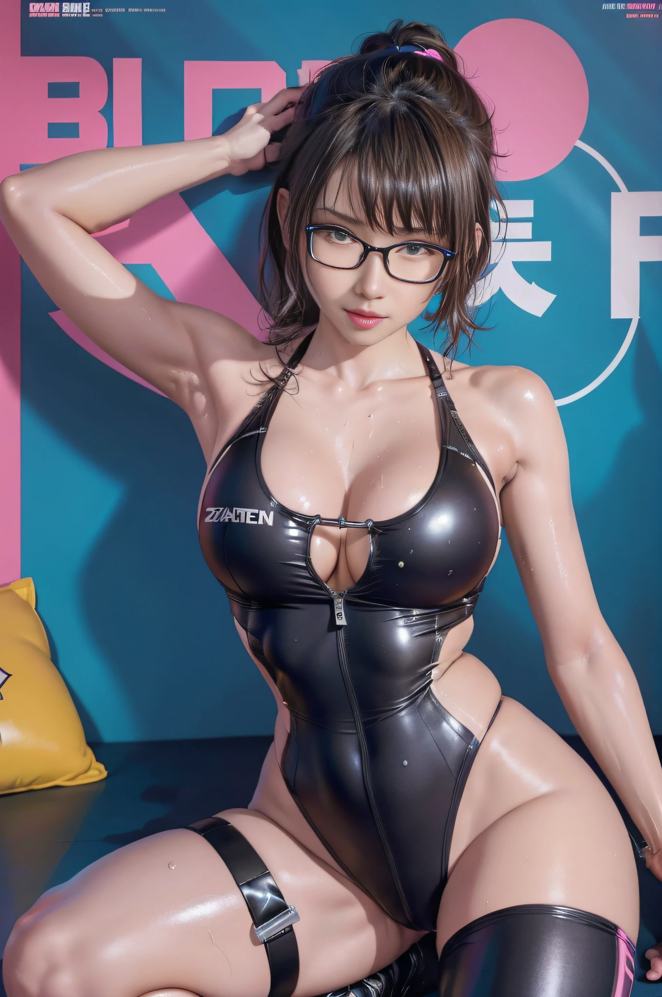 Squatting！、dynamicposes、legs spread out、eye glasses、darkskin、zippers、Sponsor Logo、(lightsmile:1.07),cyberpunked、Sleeveless、(Shiny colorful beach volleyball costume)、(magazine:1.3), (cover-style:1.3),(Dripping wet body:1.15)、Hands behind the head、(FULL BODYSHOT)、((​masterpiece))、 super fine face and eyes，Colorful Korean Idol Hair，Look at viewers、