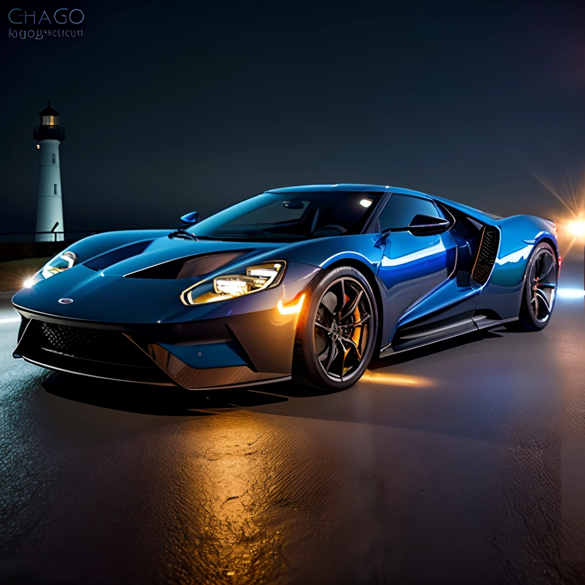 perfect masterpiece photo, very dynamic close shot of CAR:[Ford GT]:1.5  [A car sitting on a glowing, neon-lit road that seems to stretch on forever.] in place of A coastal lighthouse with stunning views of the ocean in the moment of Autumn: Golden leaves falling from trees, creating a colorful carpet on the ground. The crisp air carries the scent of wood smoke from fireplaces, and the low sun casts long shadows across the landscape. cinematic lighting of A dark and shadowy alleyway illuminated by a flickering streetlamp., 8K, HQ, Highly detailed, ultra realistic, hyper-realistic with dominance of Taupe: A warm, grayish-brown color that is sophisticated and refined. photo is made with Sigma 50mm f/1.4 DG HSM Art - fast aperture prime lens for low light and shallow depth of field by greg rutkowski,  strange, intricate, showing details, sharpen image