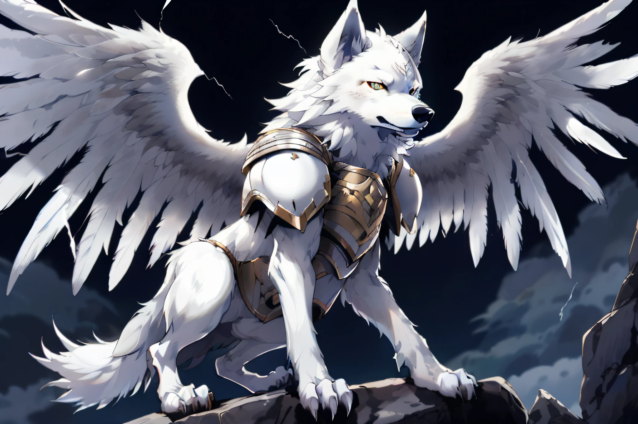 anime - style white wolf with wings on a rock in the dark, winged wolves, white fox anime, wolf armor, an anthropomorphic wolf, mystical anubis valkyrie, anthropomorphic wolf, fenrir, white wolf, albedo from the anime overlord, husky in shiny armor, high detailed official artwork, albedo from overlord