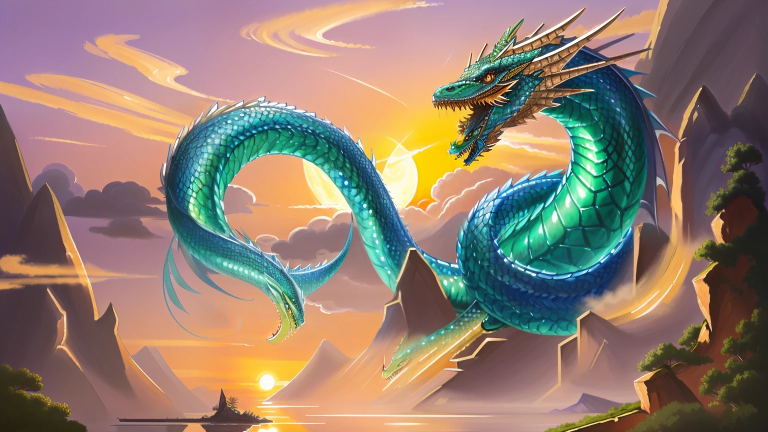 Painting a dragon in a sky landscape with sunset, Sea snake, Green Chinese Fantasy Dragon, Oil painting of a dragon, serpentine water monster, colossal dragon as background, chinese dragon concept art, Great mysterious winged snake, Digital paintings of Quetzalcoatl, jormungandr, Jormungun, water dragon, dragon art, naga-tirr